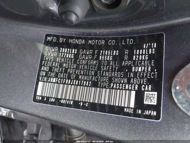 2018 Honda Civic Touring მანქანა იყიდება აუქციონზე, vin: JHMFC1F99JX017982, აუქციონის ნომერი: 44831127