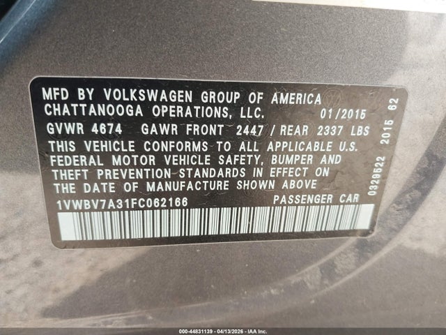 Продаж на аукціоні авто 2015 Volkswagen Passat 2.0l Tdi Se, vin: 1VWBV7A31FC062166, номер лоту: 44831139