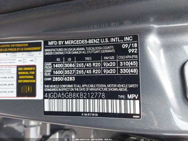 44831144 :رقم المزاد ، 4JGDA5GB8KB212778 vin ، 2019 Mercedes-benz Gle 400 4matic مزاد بيع