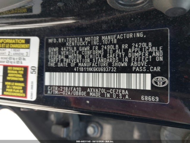 Auction sale of the 2019 Toyota Camry L, vin: 4T1B11HK6KU693732, lot number: 44831148