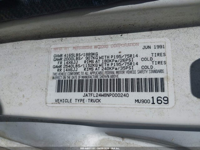 Продаж на аукціоні авто 1992 Mitsubishi Mighty Max / S, vin: JA7FL24W8NP000240, номер лоту: 44831151