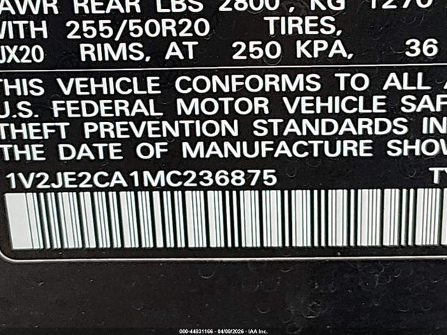 44831166 :رقم المزاد ، 1V2JE2CA1MC236875 vin ، 2021 Volkswagen Atlas Cross Sport 3.6l V6 Se W/technology مزاد بيع