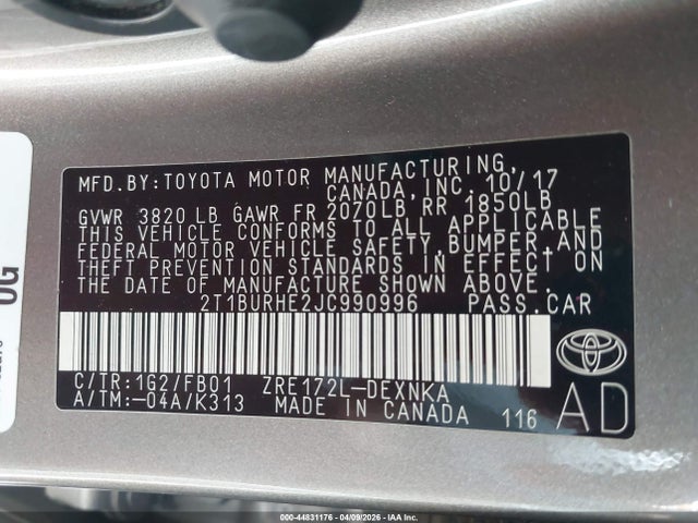 2T1BURHE2JC990996 Toyota COROLLA LE