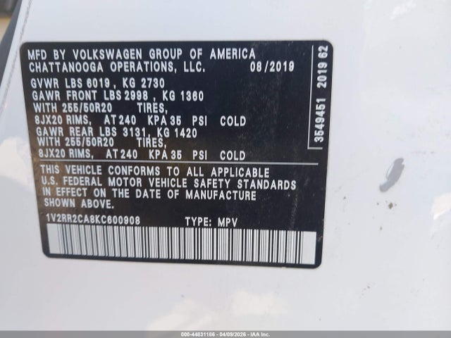 Продаж на аукціоні авто 2019 Volkswagen Atlas 3.6l V6 Sel R-line, vin: 1V2RR2CA8KC600908, номер лоту: 44831186