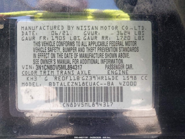 44831191 :رقم المزاد ، 3N1CN8DV5ML894317 vin ، 2021 Nissan Versa S Xtronic Cvt مزاد بيع