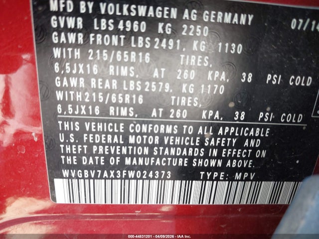 44831201 :رقم المزاد ، WVGBV7AX3FW024373 vin ، 2015 Volkswagen Tiguan S مزاد بيع