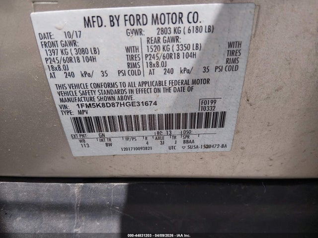 Продаж на аукціоні авто 2017 Ford Explorer Xlt, vin: 1FM5K8D87HGE31674, номер лоту: 44831203