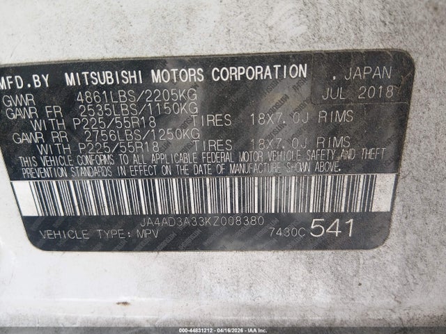 Продаж на аукціоні авто 2019 Mitsubishi Outlander Sel, vin: JA4AD3A33KZ008380, номер лоту: 44831212