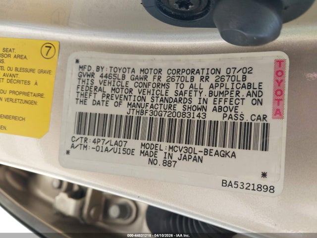 44831218 :رقم المزاد ، JTHBF30G720083143 vin ، 2002 Lexus Es 300 مزاد بيع