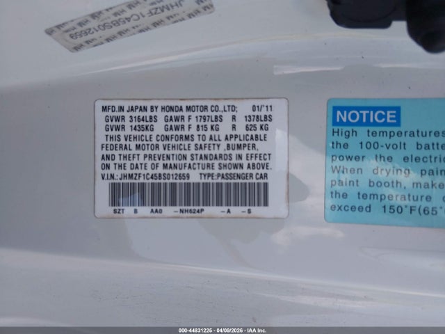 Aukcja sprzedaży 2011 Honda Cr-z, vin: JHMZF1C45BS012659, numer aukcji: 44831225