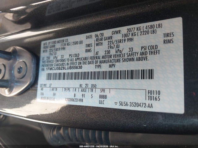 44831235 :رقم المزاد ، 1FMCU0BZ8LUB55630 vin ، 2020 Ford Escape Se Sport Hybrid مزاد بيع
