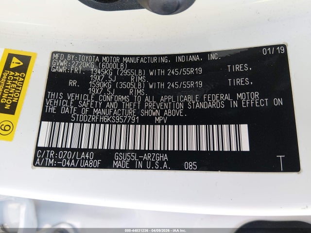 Aukcja sprzedaży 2019 Toyota Highlander Limited Platinum, vin: 5TDDZRFH6KS957791, numer aukcji: 44831236
