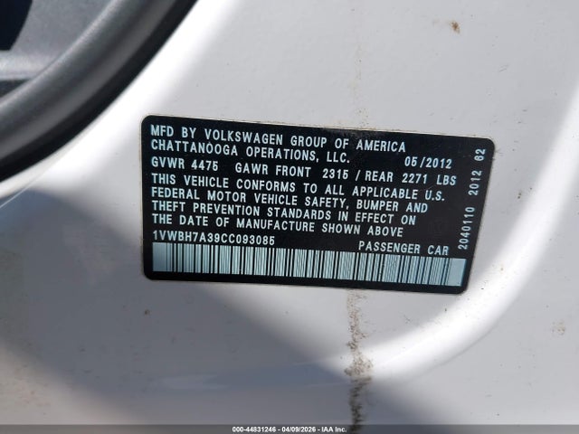 Продаж на аукціоні авто 2012 Volkswagen Passat 2.5l Se, vin: 1VWBH7A39CC093085, номер лоту: 44831246