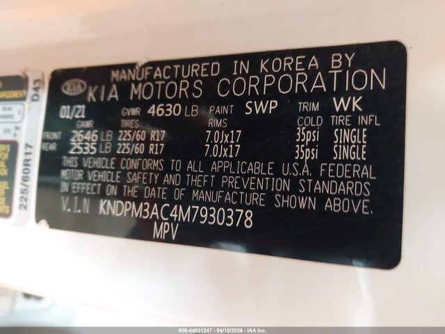 Продажа на аукционе авто 2021 Kia Sportage Lx, vin: KNDPM3AC4M7930378, номер лота: 44831247