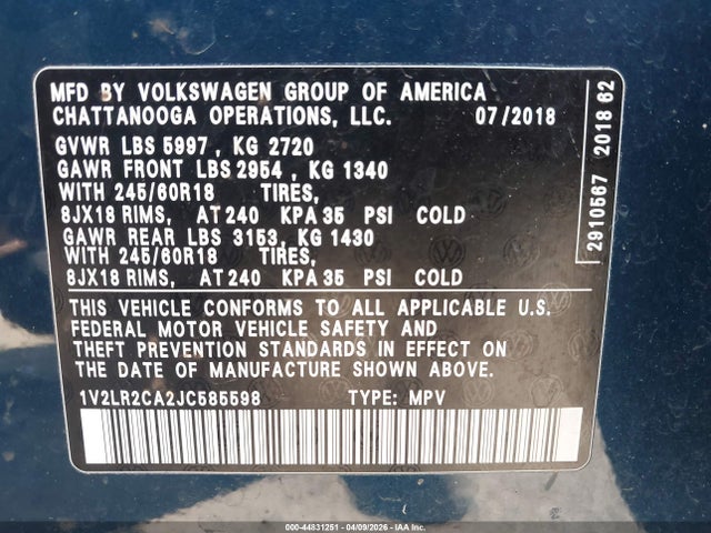 Aukcja sprzedaży 2018 Volkswagen Atlas 3.6l V6 Se/3.6l V6 Se W/technology, vin: 1V2LR2CA2JC585598, numer aukcji: 44831251