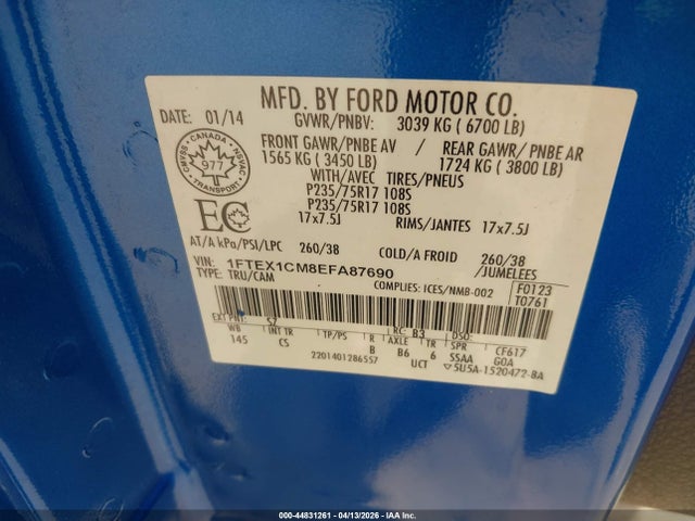 44831261 :رقم المزاد ، 1FTEX1CM8EFA87690 vin ، 2014 Ford F-150 Stx مزاد بيع