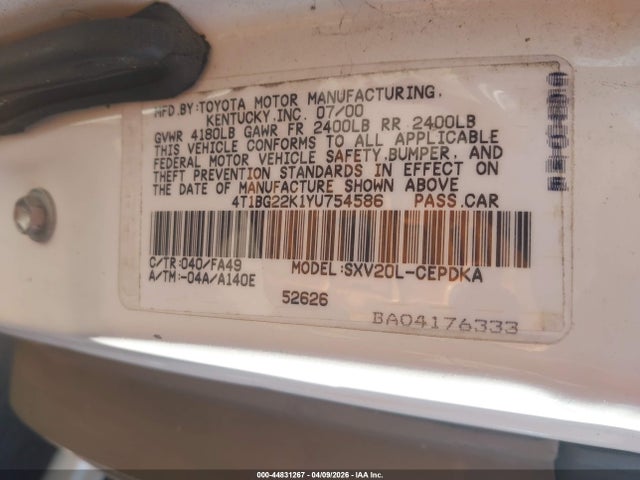Aukcja sprzedaży 2000 Toyota Camry Ce, vin: 4T1BG22K1YU754586, numer aukcji: 44831267