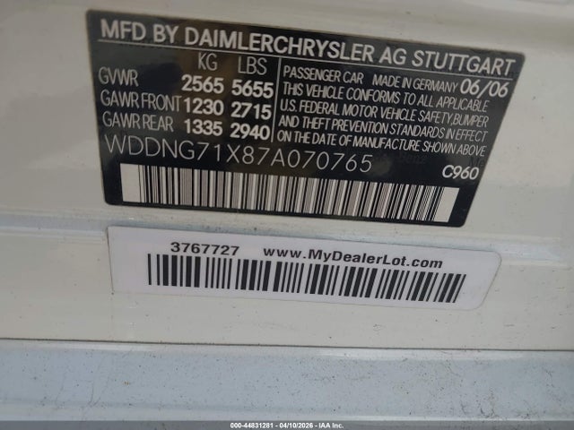 44831281 :رقم المزاد ، WDDNG71X87A070765 vin ، 2007 Mercedes-benz S 550 مزاد بيع
