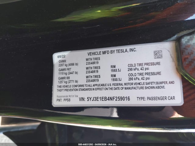 Aukcja sprzedaży 2022 Tesla Model 3 Long Range Dual Motor All-wheel Drive, vin: 5YJ3E1EB4NF259016, numer aukcji: 44831292