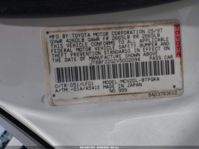 44831293 :رقم المزاد ، JT8BF22G2V5002094 vin ، 1997 Lexus Es 300 مزاد بيع