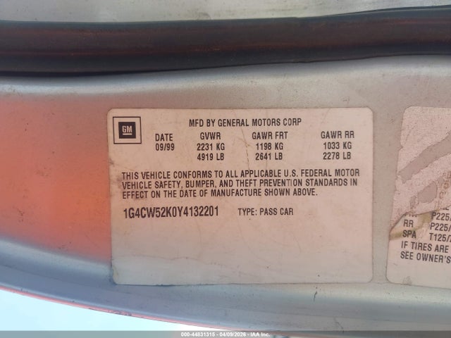 2000 Buick Park Avenue მანქანა იყიდება აუქციონზე, vin: 1G4CW52K0Y4132201, აუქციონის ნომერი: 44831315