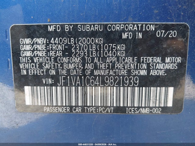 Aukcja sprzedaży 2020 Subaru Wrx Premium, vin: JF1VA1C64L9821939, numer aukcji: 44831320