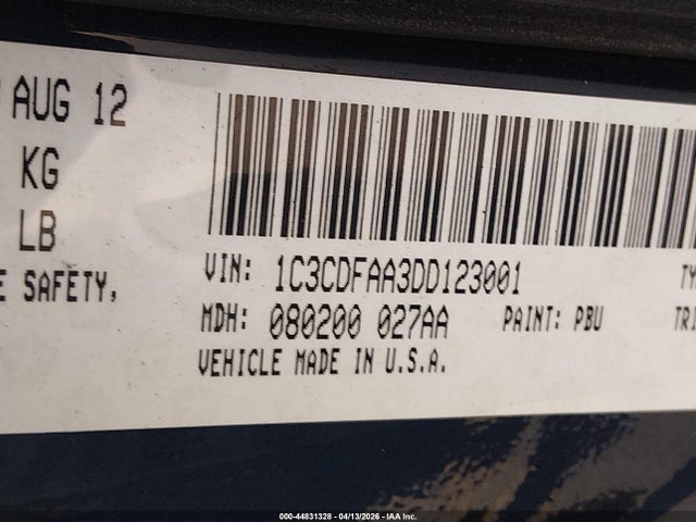 2013 Dodge Dart Se მანქანა იყიდება აუქციონზე, vin: 1C3CDFAA3DD123001, აუქციონის ნომერი: 44831328