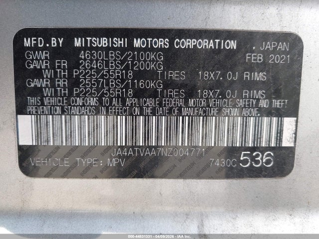 Продаж на аукціоні авто 2022 Mitsubishi Eclipse Cross Le S-awc, vin: JA4ATVAA7NZ004771, номер лоту: 44831331