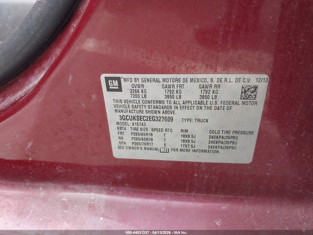 44831337 :رقم المزاد ، 3GCUKSEC2EG327609 vin ، 2014 Chevrolet Silverado 1500 2lz مزاد بيع