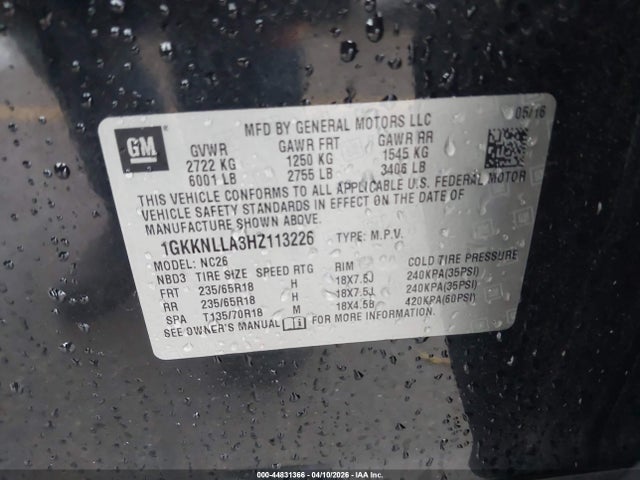 Продаж на аукціоні авто 2017 Gmc Acadia Sle-2, vin: 1GKKNLLA3HZ113226, номер лоту: 44831366