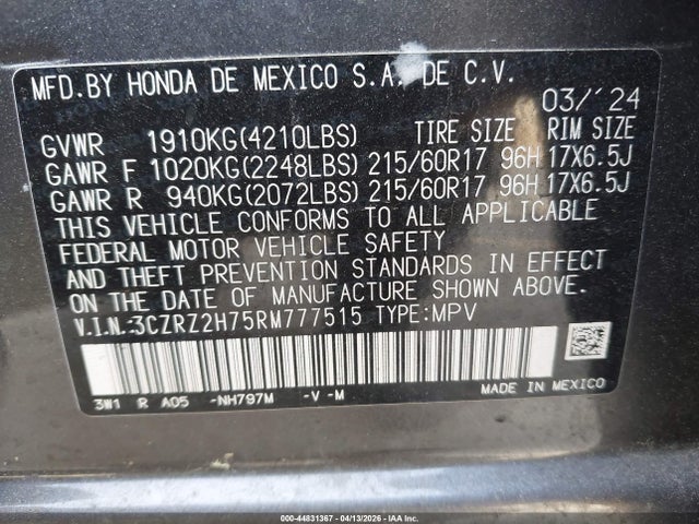 44831367 :رقم المزاد ، 3CZRZ2H75RM777515 vin ، 2024 Honda Hr-v Awd Ex-l/awd Ex-l W/o Bsi مزاد بيع