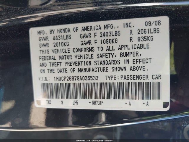 44831376 :رقم المزاد ، 1HGCP26879A035533 vin ، 2009 Honda Accord 2.4 Ex-l مزاد بيع