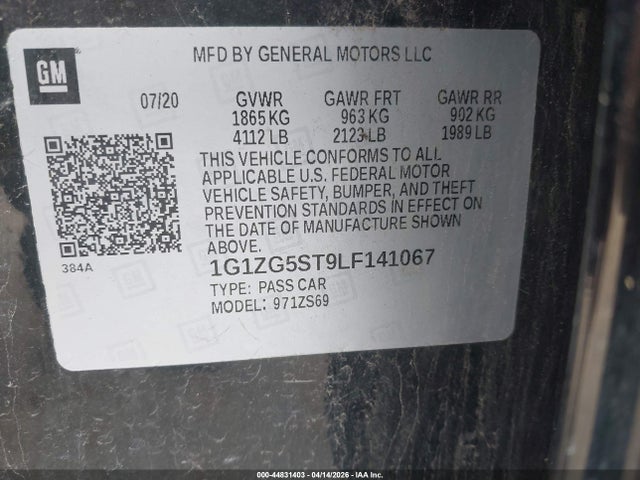 Продажа на аукционе авто 2020 Chevrolet Malibu Fwd Rs, vin: 1G1ZG5ST9LF141067, номер лота: 44831403