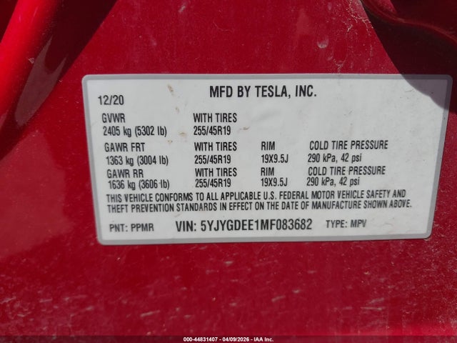 Продажа на аукционе авто 2021 Tesla Model Y Long Range Dual Motor All-wheel Drive, vin: 5YJYGDEE1MF083682, номер лота: 44831407