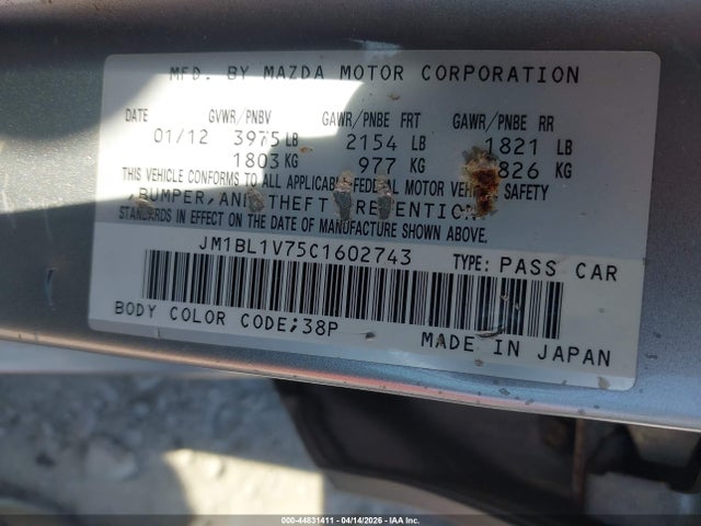 44831411 :رقم المزاد ، JM1BL1V75C1602743 vin ، 2012 Mazda Mazda3 I Touring مزاد بيع
