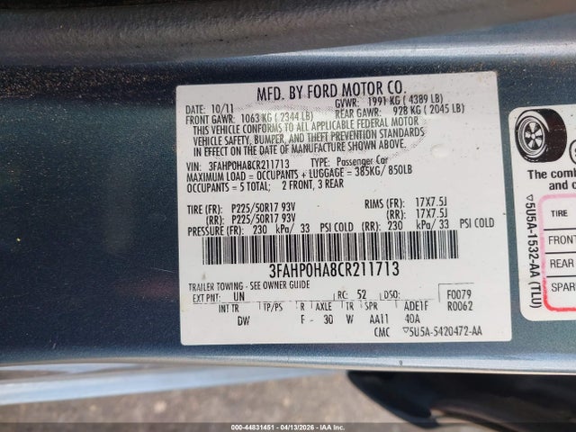 Продаж на аукціоні авто 2012 Ford Fusion Se, vin: 3FAHP0HA8CR211713, номер лоту: 44831451
