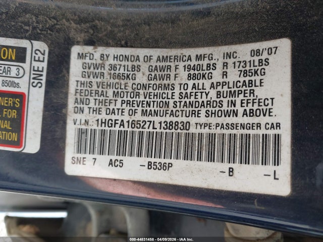 Aukcja sprzedaży 2007 Honda Civic Lx, vin: 1HGFA16527L138830, numer aukcji: 44831458