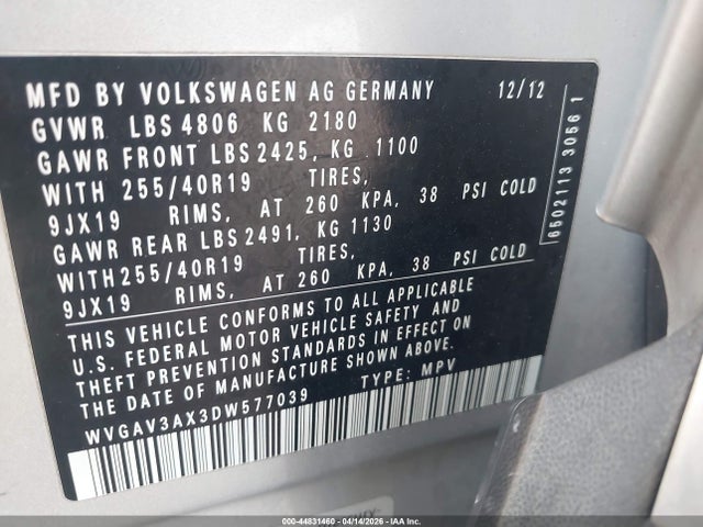 44831460 :رقم المزاد ، WVGAV3AX3DW577039 vin ، 2013 Volkswagen Tiguan Sel مزاد بيع