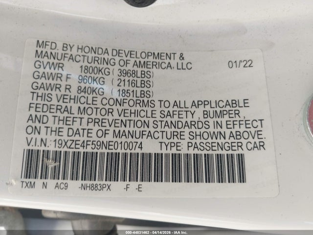 Aukcja sprzedaży 2022 Honda Insight Ex, vin: 19XZE4F59NE010074, numer aukcji: 44831462