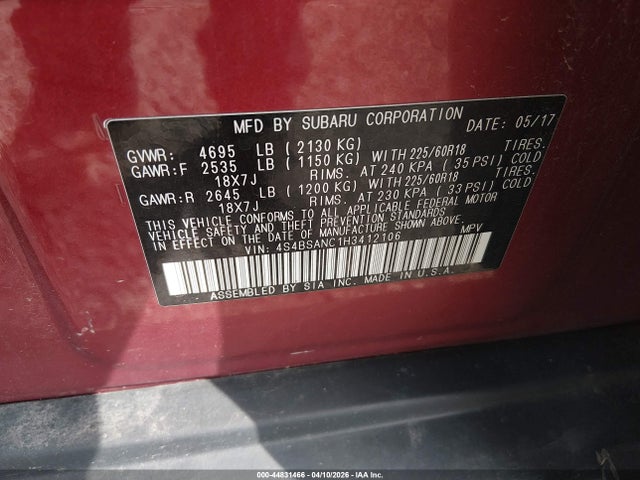 2017 Subaru Outback 2.5i Limited მანქანა იყიდება აუქციონზე, vin: 4S4BSANC1H3412106, აუქციონის ნომერი: 44831466