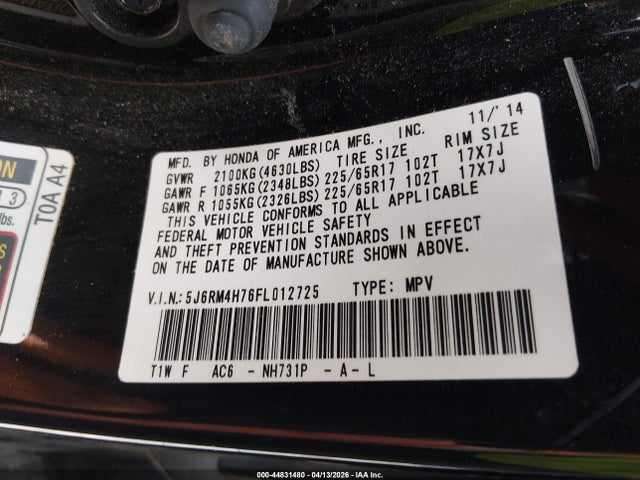 44831480 :رقم المزاد ، 5J6RM4H76FL012725 vin ، 2015 Honda Cr-v Ex-l مزاد بيع