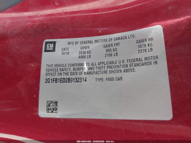 44831492 :رقم المزاد ، 2G1FB1ED2B9132314 vin ، 2011 Chevrolet Camaro 1lt مزاد بيع