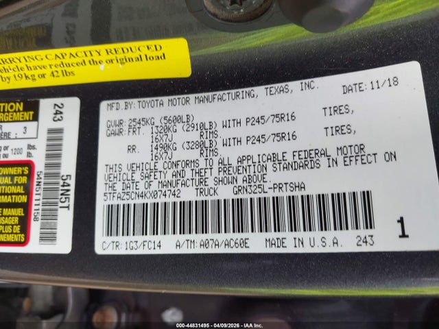 2019 Toyota Tacoma Sr5 V6 მანქანა იყიდება აუქციონზე, vin: 5TFAZ5CN4KX074742, აუქციონის ნომერი: 44831495