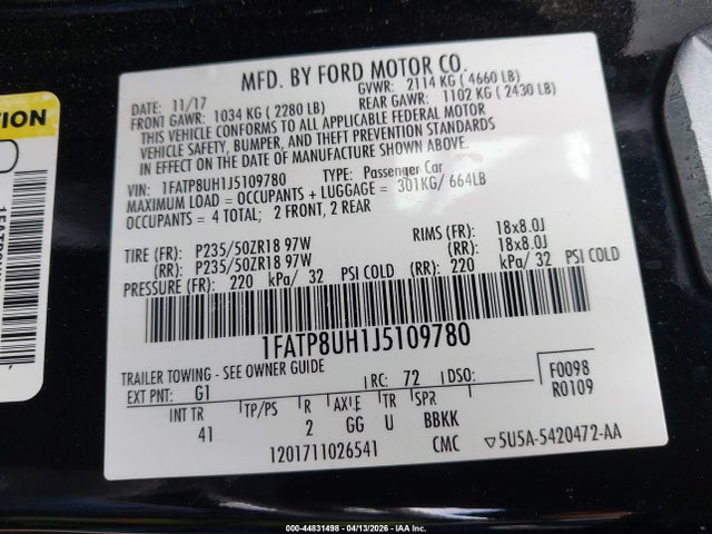 1FATP8UH1J5109780 Ford Mustang Ecoboost/ecoboost Premium