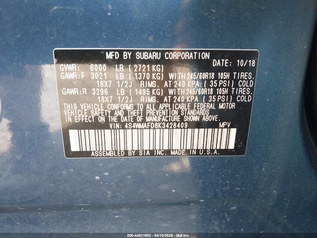 Aukcja sprzedaży 2019 Subaru Ascent Premium, vin: 4S4WMAFD8K3428409, numer aukcji: 44831502