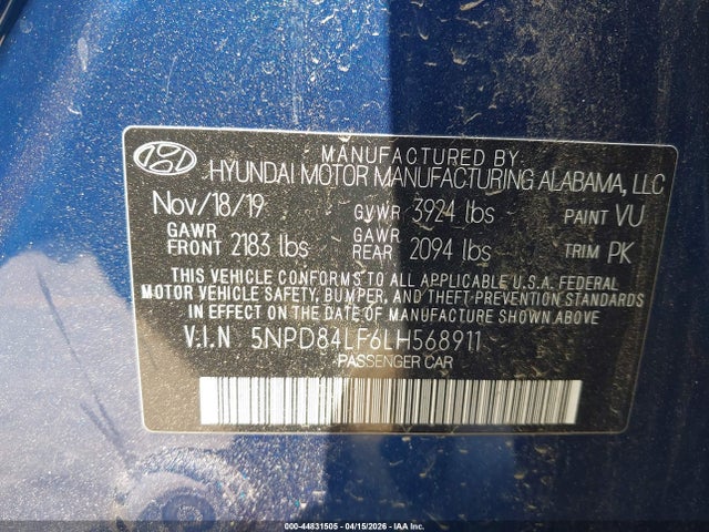 2020 Hyundai Elantra Sel მანქანა იყიდება აუქციონზე, vin: 5NPD84LF6LH568911, აუქციონის ნომერი: 44831505