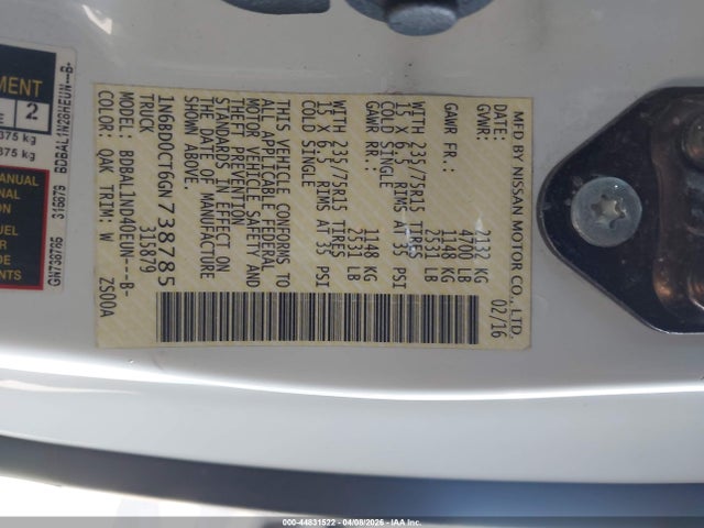 Aukcja sprzedaży 2016 Nissan Frontier S/sv-i4, vin: 1N6BD0CT6GN738785, numer aukcji: 44831522