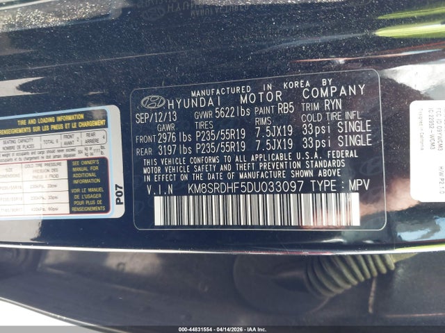 Aukcja sprzedaży 2013 Hyundai Santa Fe Limited, vin: KM8SRDHF5DU033097, numer aukcji: 44831554