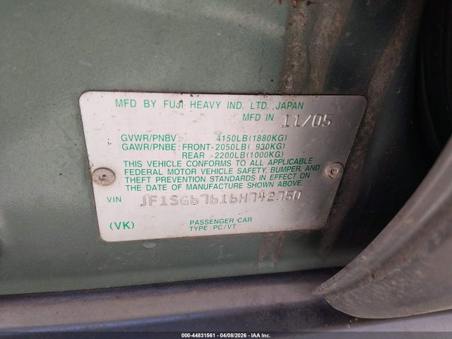 2006 SUBARU FORESTER JF1SG67616H742750 Photo 8