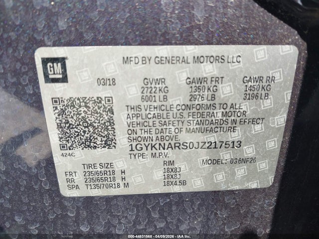 2018 Cadillac Xt5 Standard მანქანა იყიდება აუქციონზე, vin: 1GYKNARS0JZ217513, აუქციონის ნომერი: 44831568